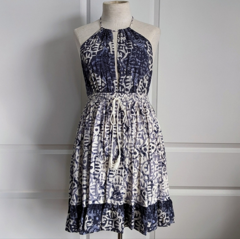 Free People Strappy Halter Mini Sun Dress Ivory Blue Women's Size Small NEW